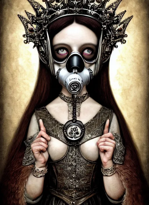 Prompt: highly detailed closeup portrait of a goth medieval princess wearing a crown and a gas mask sitting on a throne, nicoletta ceccoli, mark ryden, lostfish, global illumination, god rays, detailed and intricate environment