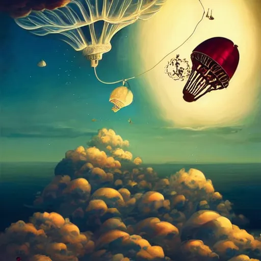 Image similar to Flying machine with jellyfish in the sky flying over desert and ocean, inspired by Cyril Rolando, David Wiesner, ornate, intricate, emitting light ornaments, trending on artstation, volumetric lighting, CGsociety, alizarin red, brick red, burgundy color, dull red, gray color, olive color, red and green, scarlet, shades of green, shades of red, swamp green, terracotta red