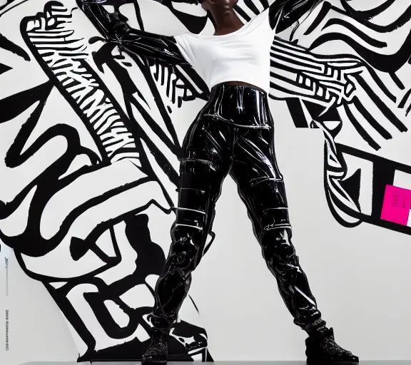 Image similar to black marble statue of a beautiful woman with colorful motocross logos in the style of virgil abloh, very very beautiful, detailed, off white, heron preston, 8 k, 4 k, detailed, beautiful, symmetrical, vogue, editorial, fashion, magazine, model