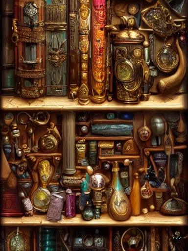 Image similar to a really messy shelf, full of different trinkets. intricate, elegant, highly detailed, digital painting, artstation, concept art, sharp focus, illustration, by justin gerard and artgerm, 8 k