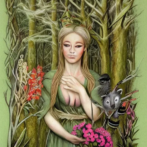 Prompt: In the body art Vasilisa can be seen standing in the forest, surrounded by animals. She is holding a basket of flowers in one hand and a spindle in the other. Her face is turned towards the viewer, with a gentle expression. In the background, the forest is depicted as a dark and mysterious place. botanical illustration, pastel green by Genndy Tartakovsky, by Charles Angrand peaceful