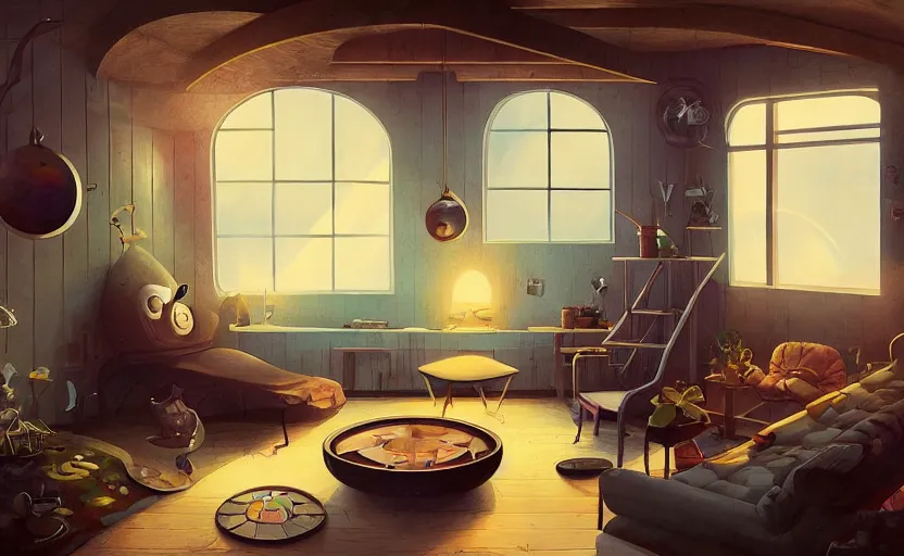 Image similar to Interior shot of a cozy loft by Petros Afshar and Beeple, James Gilleard, Mark Ryden, Wolfgang Lettl highly detailed