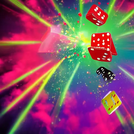 Image similar to poker cards fly through the air at a centered explosion of colorful powder on background by maxvanzwerg