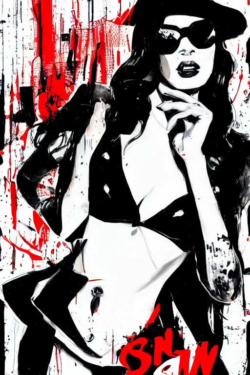 Prompt: dream of a film still from sin city, closeup portrait of film noir angry megan fox private detective wearing a hat and sunglasses, china town, detailed illustration, digital art, trending on artstation, frank miller, martin ansin, action movie poster, dripping paint, red on black, patrick nagel!, graffiti, gta v,