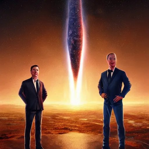 Image similar to portrait of elon musk, mark zuckerberg and jeff bezos together looking at earth, very detailled, art contest winner on behance, trendy on deviant art, by by artgem, greg rutkowski