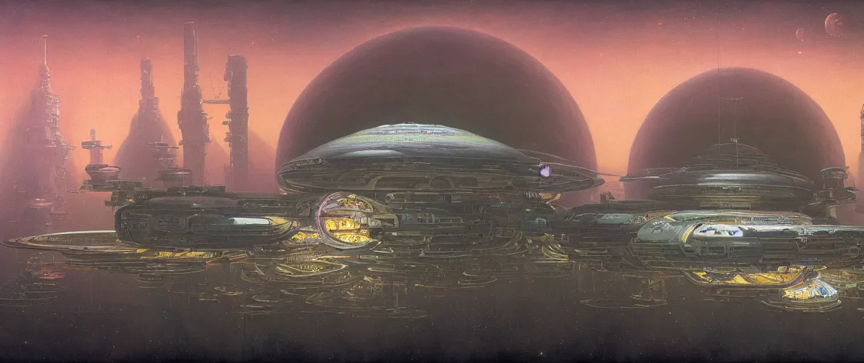 Image similar to a wide shot of a large distant hi-tech sci-fi spaceship from the outside, with a lot of bright color lights, bridges, turrets, pipes, orbiting a gas giant planet, beautiful, volumetric light, photography, color, intricate, extremely detailed, photorealistic, a painting by Beksinski