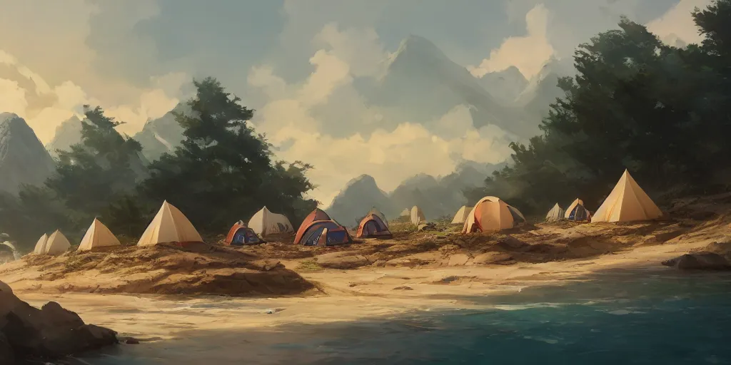 Image similar to Small camp with tents at the pristine beach. In style of Greg Rutkowski, Jesper Ejsing, Makoto Shinkai, trending on ArtStation, fantasy, great composition, concept art, highly detailed, scenery, 8K, Behance.