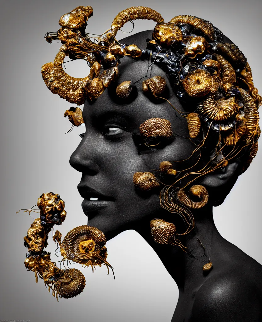 Image similar to fully black background. background hex 000000. goddess princess face close-up portrait ram skull. sculpture made of gold and black charcoal. jellyfish phoenix head, nautilus, orchid, skull, betta fish, bioluminiscent creatures, intricate artwork by Tooth Wu and wlop and beeple. octane render, trending on artstation, greg rutkowski very coherent symmetrical artwork. cinematic, hyper realism, high detail, octane render, 8k