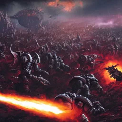 Image similar to space marines fighting off a horde of tyranids, 4k digital art, Doom, hyper realistic, HD, Warhammer40k