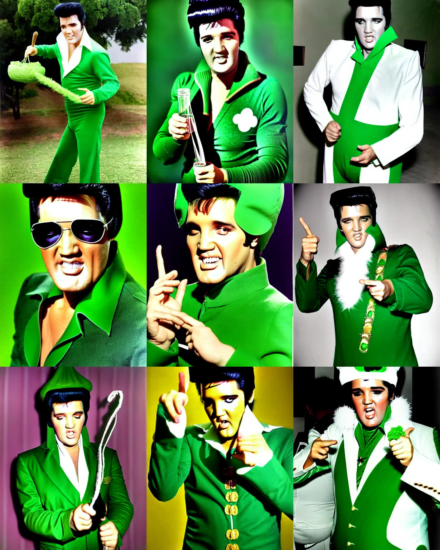 Prompt: elvis presley dressed as parsley!!!!, parsley costume, color photo by terry oneill