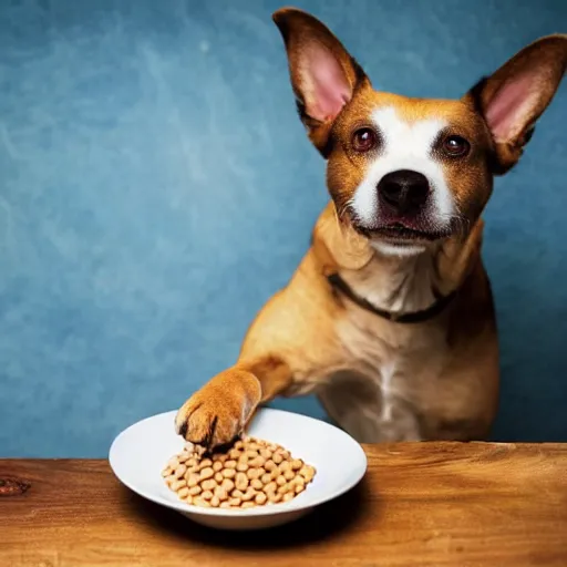 Prompt: a suspicious dog eating beans, flash photography