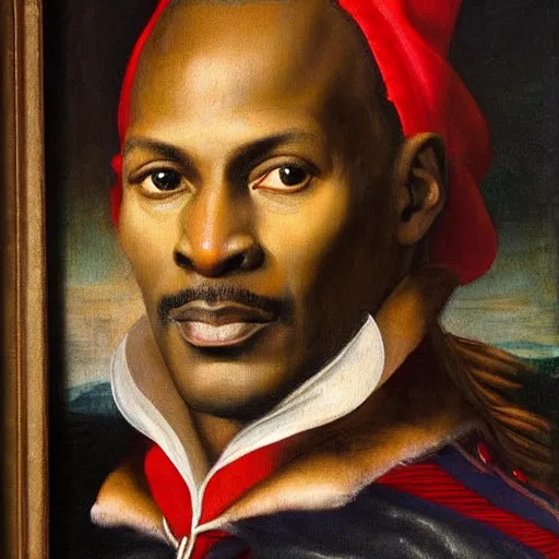Image similar to british king michael jordan, portrait, renaissance painting, feathered cap, art gallery, famous painting