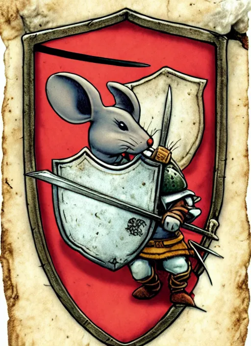 Image similar to a porcelain heroic mouse knight with sword and shield on a parchment background, redwall, greg rutowski and jean baptiste monge, detailed, epic fantasy