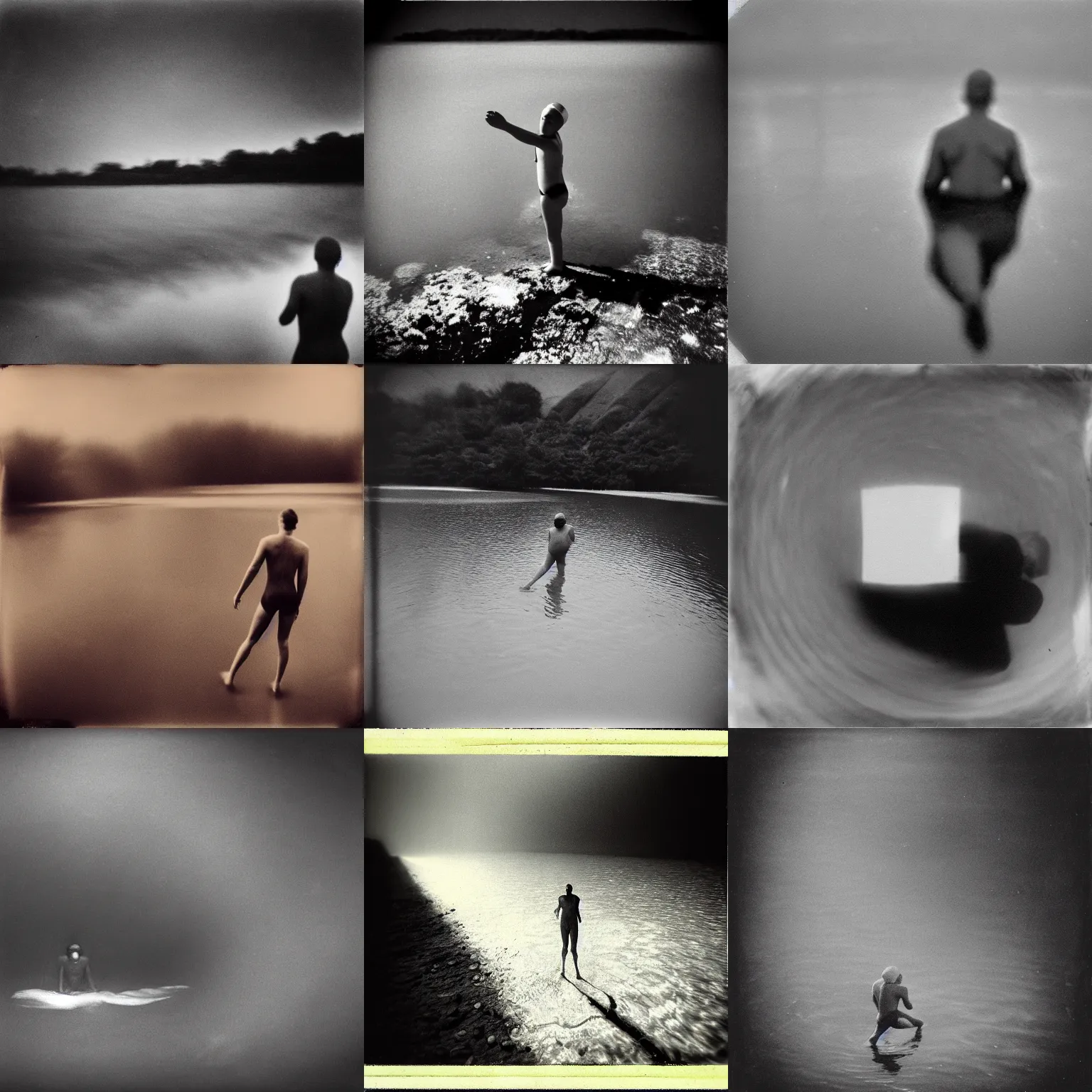 Prompt: a swimmer in the river styx, overexposed pinhole photography, extreme contrast and sharpness, gritty and noisy