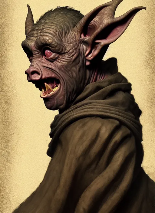 Image similar to profile portrait of a medieval goblin in the cloisters, beautiful face, hyper realistic, highly detailed, digital painting, artstation, illustration, concept art by hyung tae and frank frazetta, digital paint, matte paint, washed colors, dark, gloomy