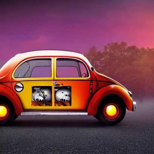 Image similar to promotional scifi - mystery movie scene of a giant - sized ladybug that is a hybrid with a ( volkswagen beatle ) hybrid, flying down a dusty back - road in smokey mountains tennessee. cinematic, muted dramtic color, 4 k, imax, 7 0 mm, hdr