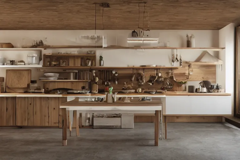 Prompt: a kitchen with kitchenisle by peter vetsch, organic design, wood msterials, natural materials, photography, promotional photoshoot, zeiss lens, design, studio lighting, 8 k, high detail