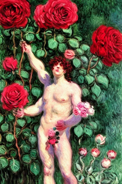 Image similar to the greek god hermes marched forward among the roses, monet, musha, oil painting style, large beautiful pale pink roses and deep red roses