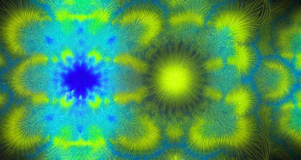 Prompt: low quality blurry cell phone footage of an abstract blue and green fractal, symmetry, dark