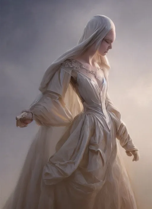 Image similar to hyper realistic photo of baroque luxury queen ethereal floating ghost full body, symmetric, rule of thirds, cinematic, artstation, cgsociety, greg rutkowski, james gurney brom