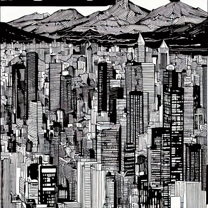 Image similar to cityscape surrounded by mountains by dan mumford and peter doig and edward hopper, symmetrical, minimal, black ink, thick lines highly detailed, muted colours 8 k