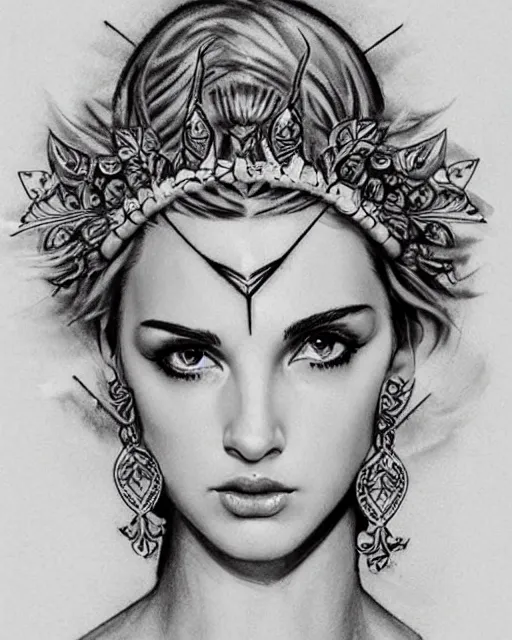 Prompt: tattoo sketch of beautiful aphrodite greek goddess wearing a laurel wreath and arrowhead earrings, hyper - realistic, beautiful piercing eyes, small and sharp pupils, sexy look, beautiful blonde hair, in the style of matteo pasqualin, amazing detail, fantasy, elegant, smooth, sharp