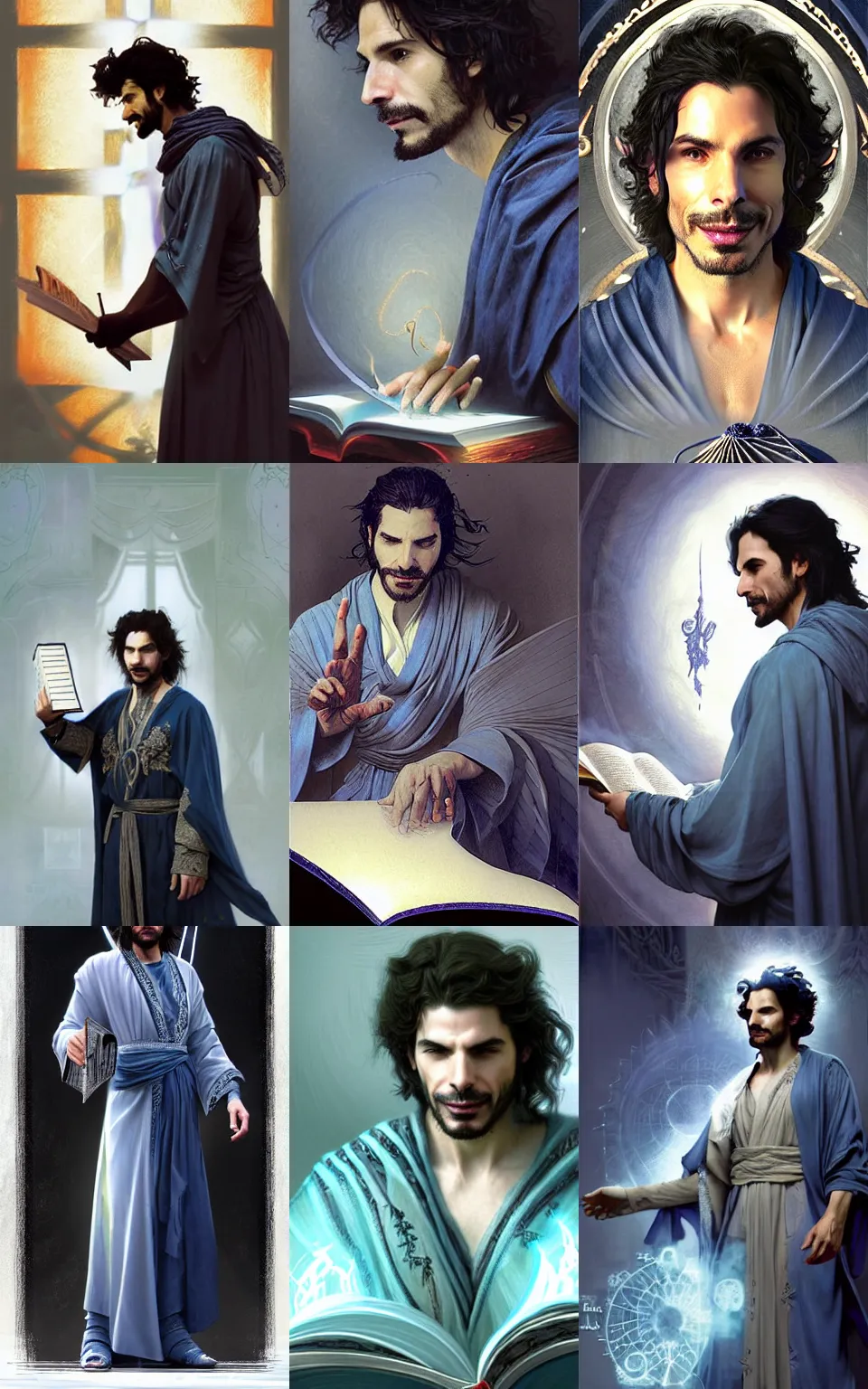 Prompt: character concept portrait of happy santiago cabrera as a wizard enchanting a spell, a floating spell book in the center, intricate silver-embroidered indigo robes, elegant, digital painting, concept art, smooth, sharp focus, illustration, from Metal Gear, by Ruan Jia and Mandy Jurgens and William-Adolphe Bouguereau, Artgerm