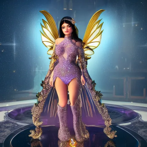 Prompt: portrait full body pov of kylie jenner as a princess of amethyst, glowing, ornate and intricate gold jewelry, jaw dropping beauty, glowing background lighting, gold accent lighting, hyper detailed, fairy tale, 4 k octane render