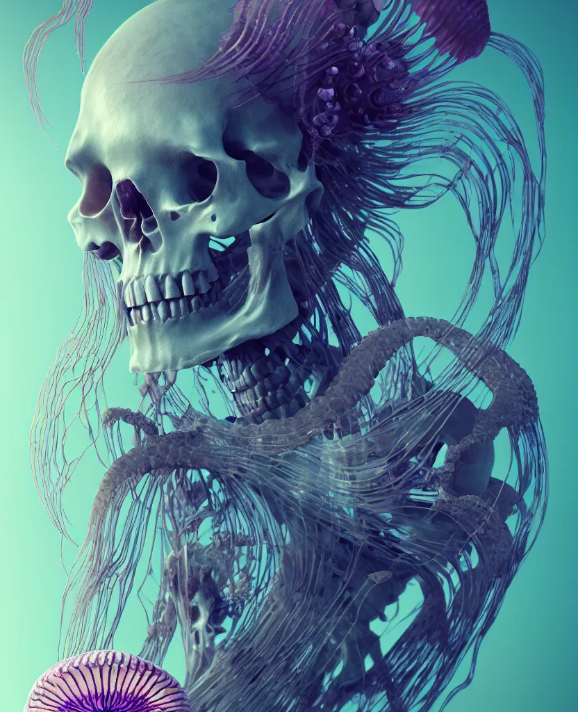 Image similar to goddess close - up portrait human skeleton, ram skull, jellyfish, orchid, betta fish, bioluminiscent, intricate artwork by tooth wu and wlop and beeple. octane render, trending on artstation, greg rutkowski very coherent symmetrical artwork. cinematic, hyper realism, high detail, octane render, 8 k