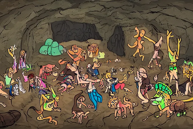 Image similar to Stone Age rave in a cave, illustrated by Steven Spazuk