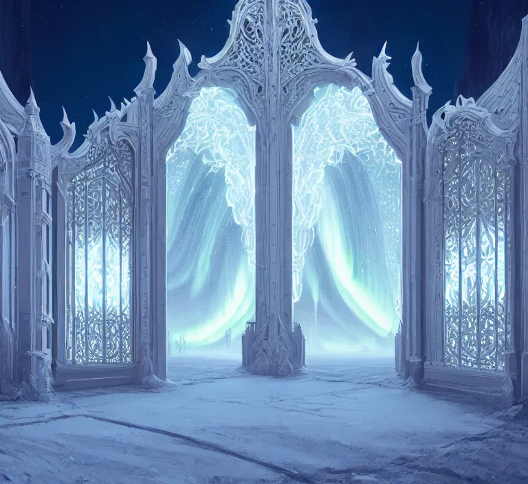 Image similar to a very detailed concept art of intricate and well designed white gates to laplandia, infused with aurora borealis by greg rutkowski, dynamic lighting trending on artstation, symmetry, digital art, 4 k, hyper realistic, octane render, sharp focus