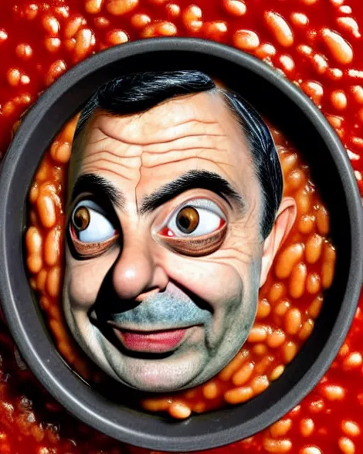 Prompt: portrait of mr bean's face in a bowl full of baked beans, face covered in beans and tomato sauce, beans in his eyes sockets, pile of beans on his head, baked beans instead of his eyes, mouth wide open and full of baked beans, overflowing with baked beans, rowan atkinson, muted colors, surrealist oil painting, highly detailed