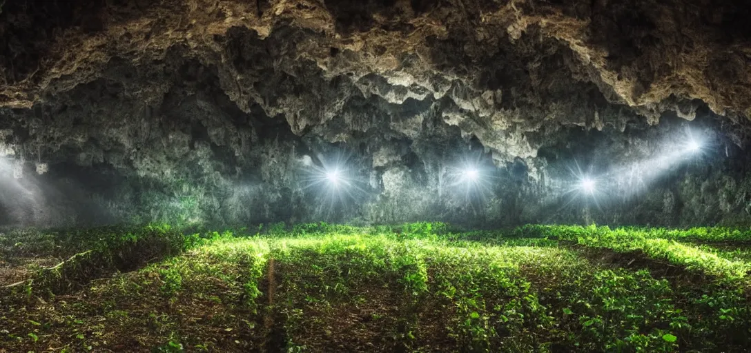 Image similar to large city in underground large cave, vines, god rays shot from far away