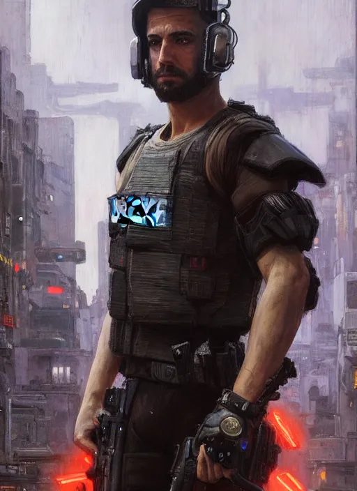 Image similar to 🤼♂. cyberpunk police trooper in a military vest ( blade runner 2 0 4 9, cyberpunk 2 0 7 7 ). orientalist portrait by john william waterhouse and james gurney and theodore ralli and nasreddine dinet, oil on canvas. cinematic, hyper realism, realistic proportions, dramatic lighting, high detail 4 k