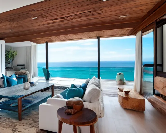 Prompt: A modern living room in a ocean hues style next to a big terrace overlooking the ocean, luxurious wooden coffee table in the center, inspired by the ocean, calm, relaxed style, harmony, wide angle shot, 8k resolution