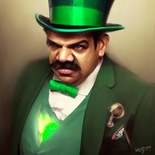 Image similar to hyper realistic portrait, beautifully rendered, luis guzman as dapper fancy luigi wearing a green top hat, green suit and bowtie, smirking deviously, painted by greg rutkowski, wlop, artgerm, dishonored 2