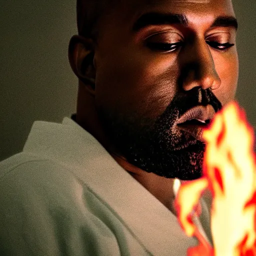 Prompt: cinematic film still of Kanye West starring as a Japanese Sensei with fire, Japanese CGI, VFX, 2020, 40mm lens, shallow depth of field, film photography