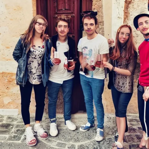 Prompt: four young adult are in an ourdoor party in italy, they are holding the same object in their right hand