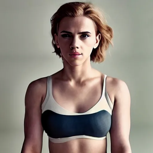 Image similar to a woman who is a genetic combination of scarlett johansson and emma watson face and upper - body focus