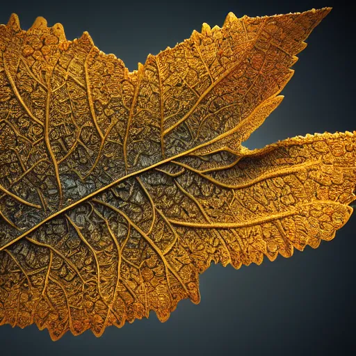 Image similar to Intricate a whole fantasy leaf, encrusted with jewels, illustration, detailed veins, sharp focus, octane render, high quality, 8k, volumetric lighting, on black background