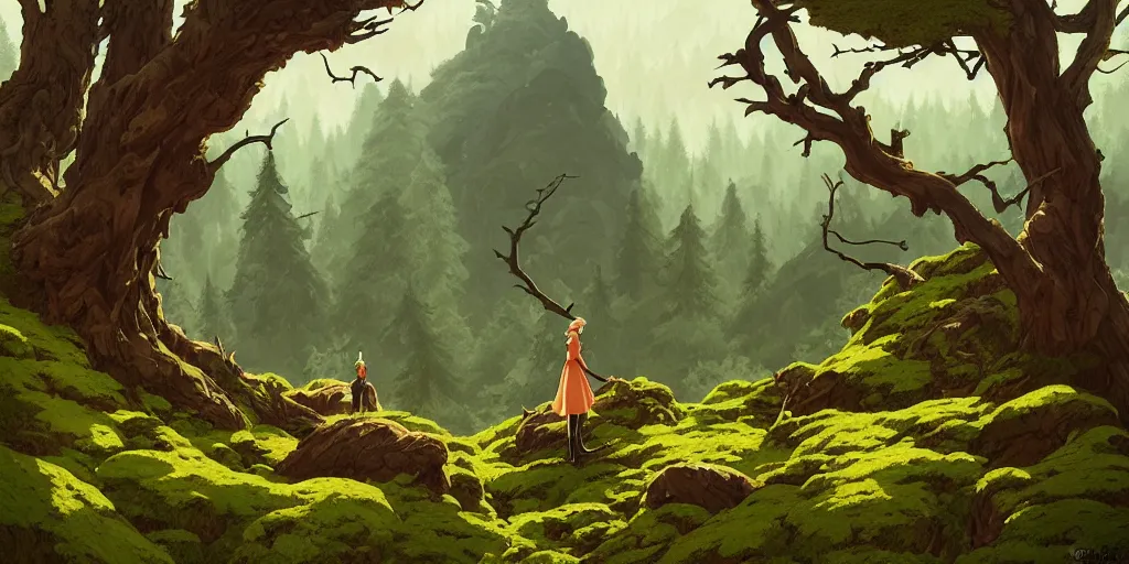 Prompt: a lonely forest background in transylvania, rocks, dead trees, a castle in the background, moss, in the style of studio ghibli, j. c. leyendecker, greg rutkowski, artgerm