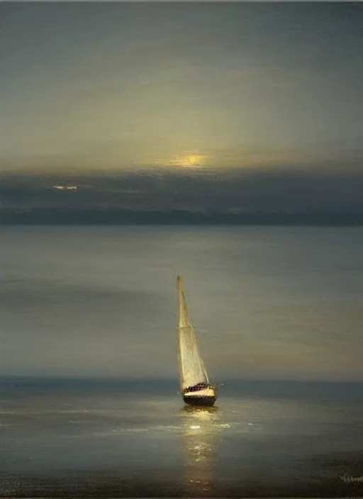 Image similar to There is a small sailboat on the dark blue sea, night view, by Vicente Romero Redondo