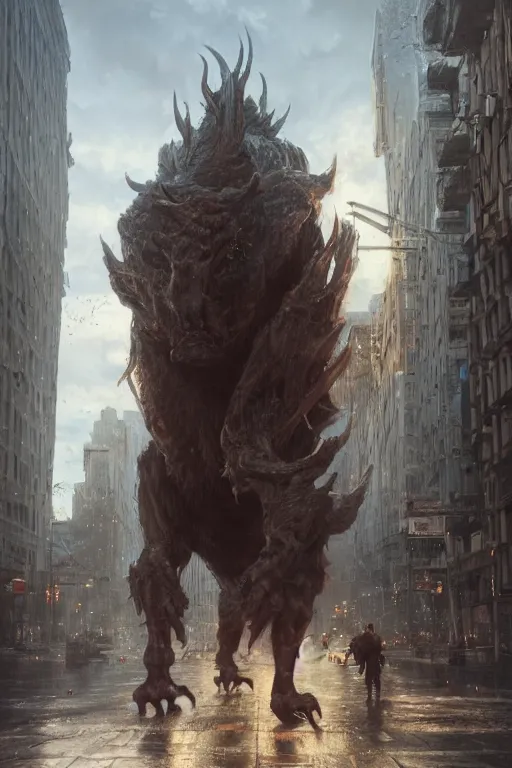 Image similar to a beautiful portrait of a giant michanical beast walking through the city by Greg Rutkowski, Sung Choi, Mitchell Mohrhauser, Maciej Kuciara, Johnson Ting, Maxim Verehin, Peter Konig, final fantasy, Marco lense , 8k photorealistic, cinematic lighting, HD, high details, atmospheric , trending on artstation