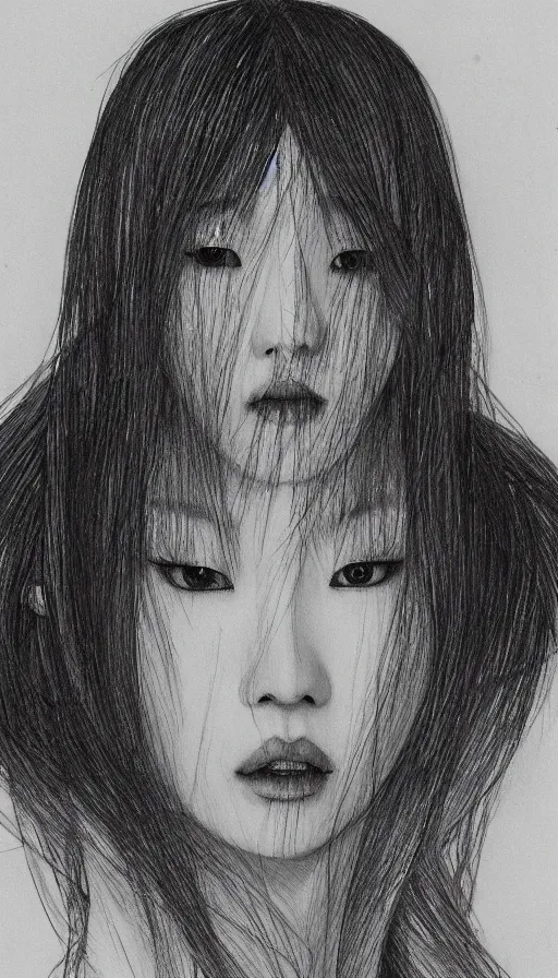 Image similar to model yoon young as the high priestess, by soeymilk, black and white graphite drawing, smooth render, 3 / 4 view