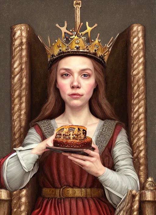 Prompt: highly detailed closeup, low - poly hands, portrait of a medieval cleric wearing a crown and sitting on a throne eating cakes, unreal engine, nicoletta ceccoli, mark ryden, earl norem, lostfish, global illumination, god rays, detailed and intricate environment