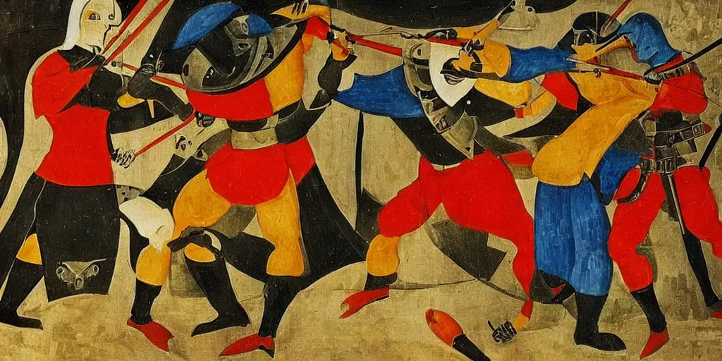 Image similar to italian futurism style painting of medieval knights dueling