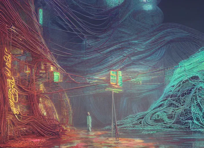 Image similar to Landscape, neon, RGB, glowing wires everywhere, by Edgar Maxence and Ross Tran, Zdzisław Beksiński, and Michael Whelan, distant, gustav dore, H.R. Giger, 8k, octane render