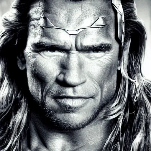 Image similar to Arnold Schwarzenegger as Thor, realistic photo portrait, movie poster