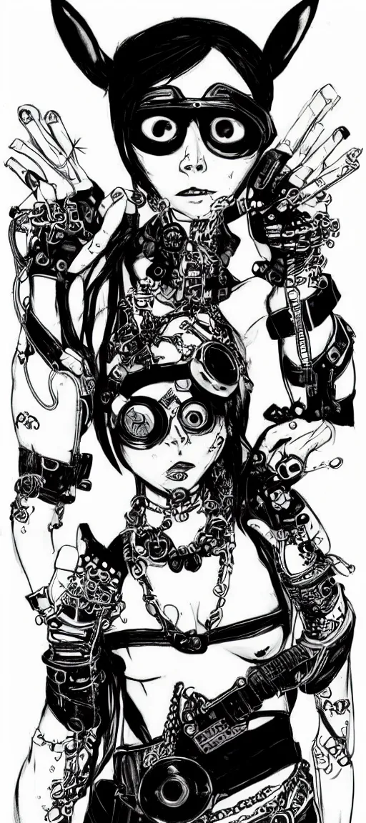 Image similar to a cybergoth woman wearing goggles and eccentric jewelry by jamie hewlett :: full body character concept art, detailed, intricate