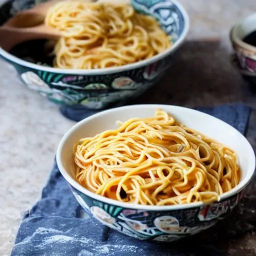 Image similar to italian pasta fighting ramen noodles for kitchen supremacy